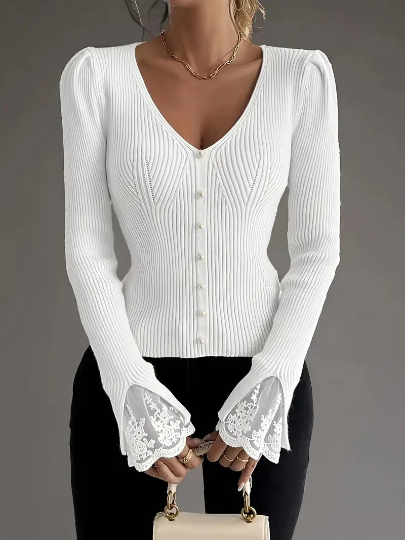Mia | Ribbed V-Neck Sweater with Lace Sleeves