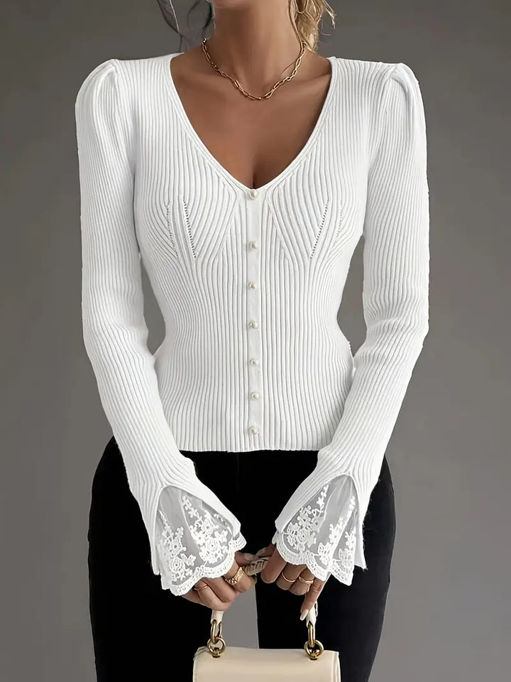 Mia | Ribbed V-Neck Sweater with Lace Sleeves