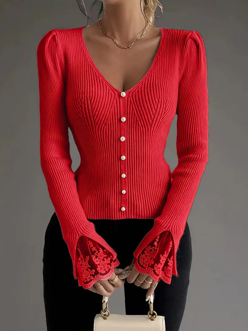 Mia | Ribbed V-Neck Sweater with Lace Sleeves