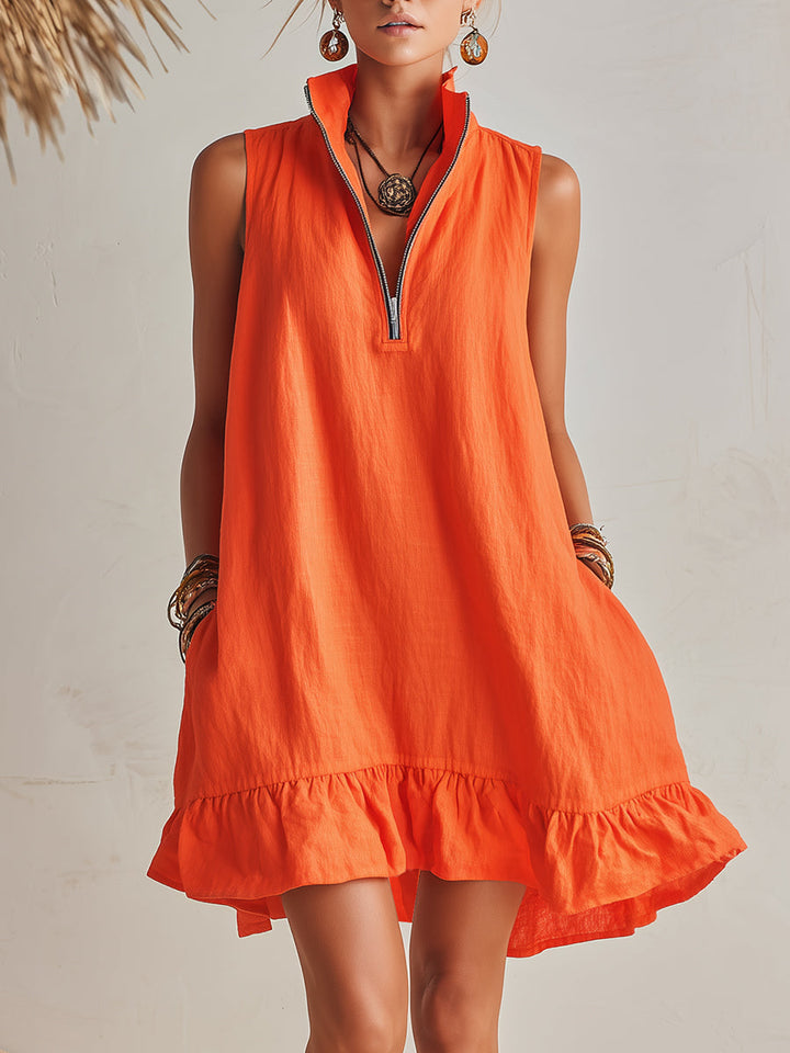 Andrea | Vibrant Half-Zip Stand Collar Ruffled Hem Mini Dress