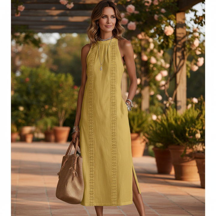Jimena | Linen Midi Dress with Mao Collar