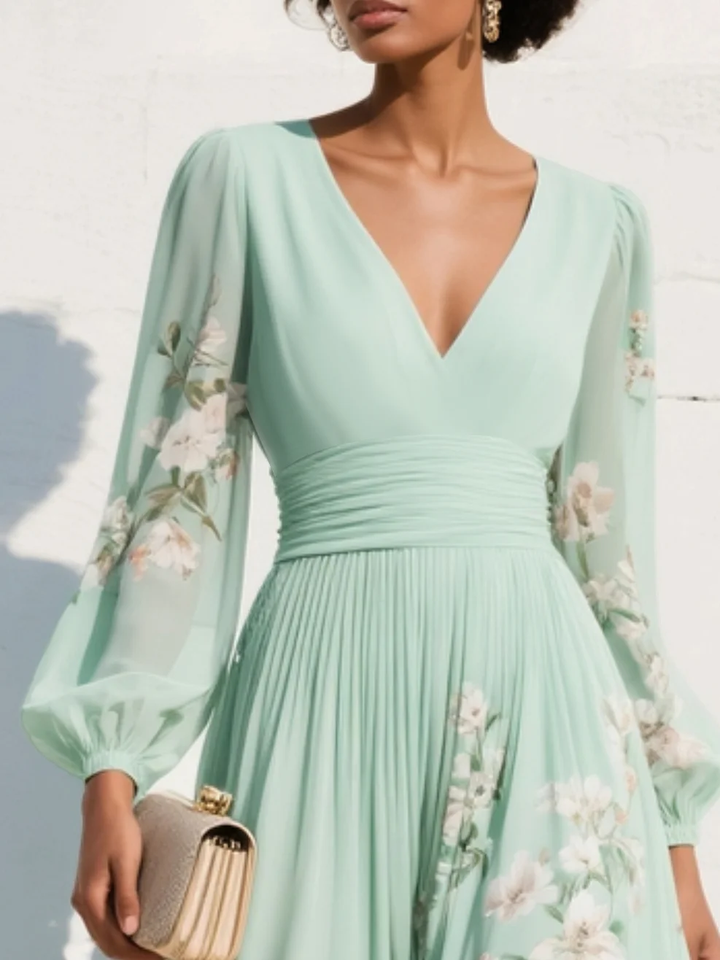 Felicity | Light Green V-Neck Chiffon Pleated Floral Midi Dress