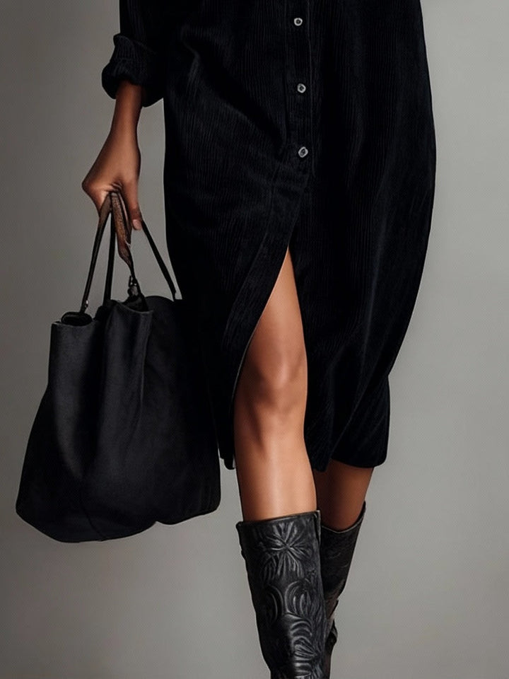 Emma | Loose Corduroy Double Chest Pocket Single Breasted Midi Dress