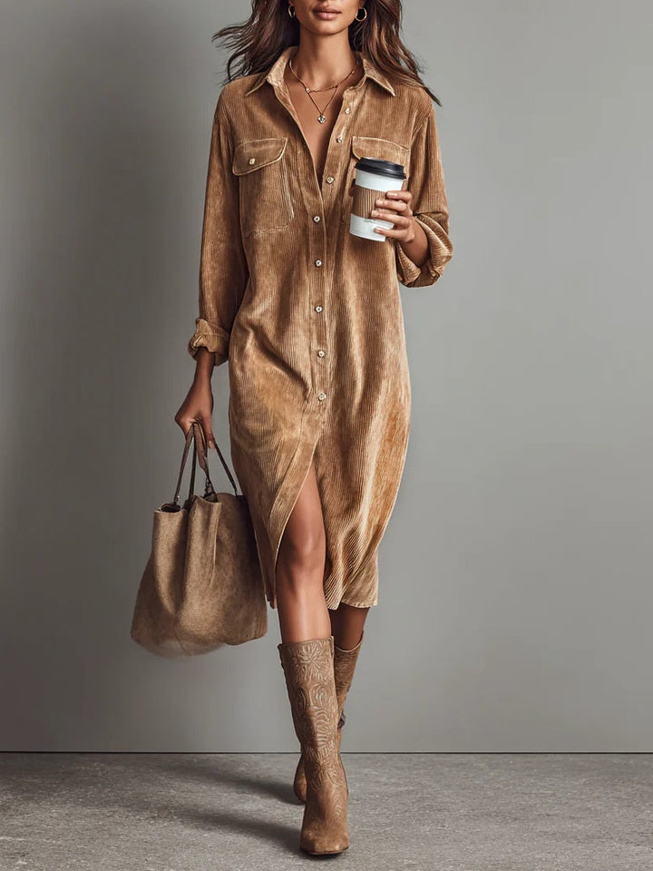 Emma | Loose Corduroy Double Chest Pocket Single Breasted Midi Dress