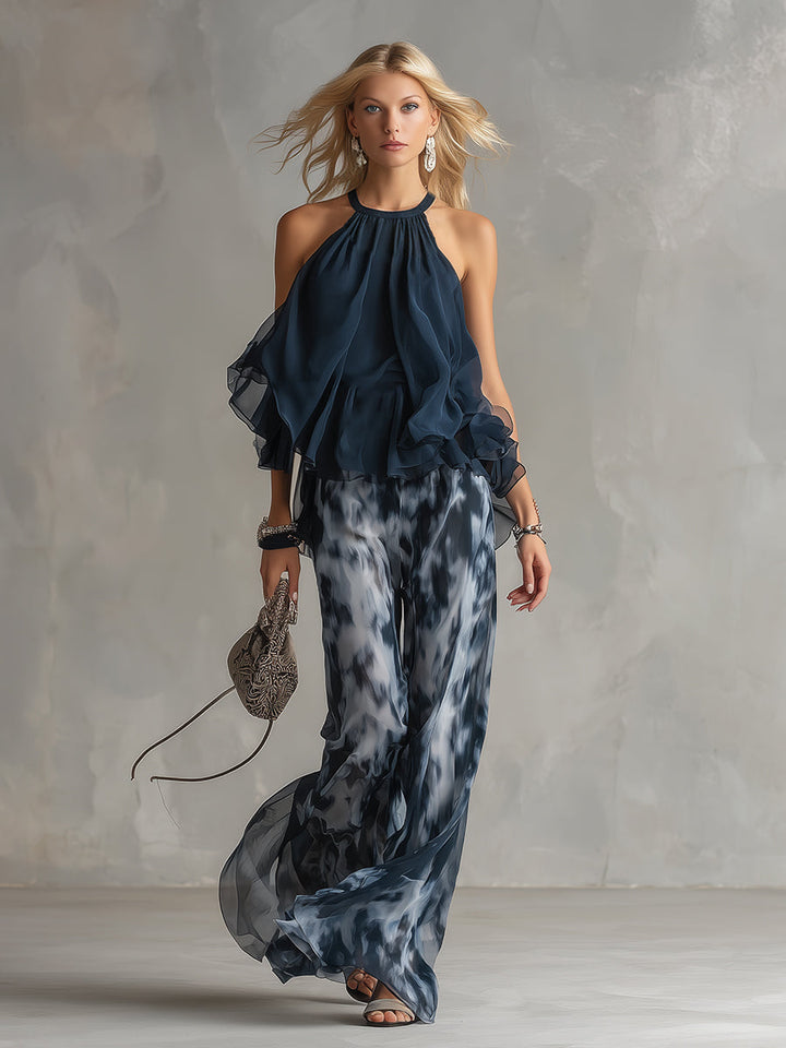 Marie | Elegant Chiffon Set with High-neck Top and Wide-leg Printed Trousers