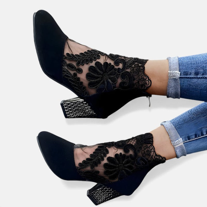 Barbara | Lace Ankle Boots with Block Heel and Pointed Toe