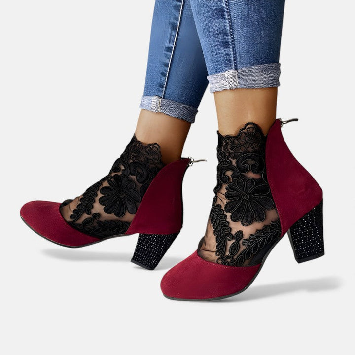 Barbara | Lace Ankle Boots with Block Heel and Pointed Toe