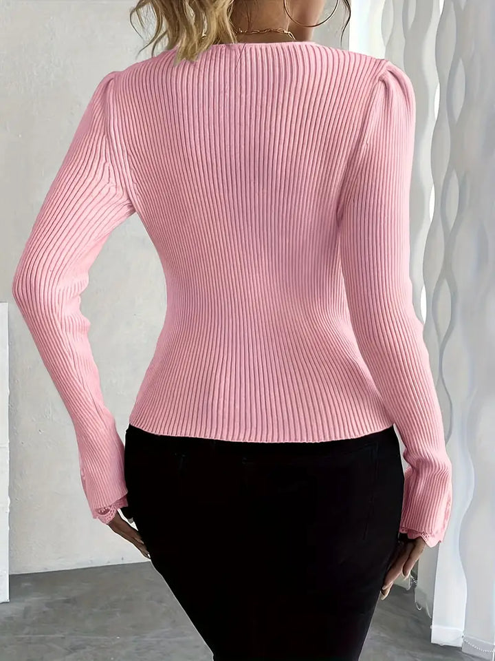 Mia | Ribbed V-Neck Sweater with Lace Sleeves