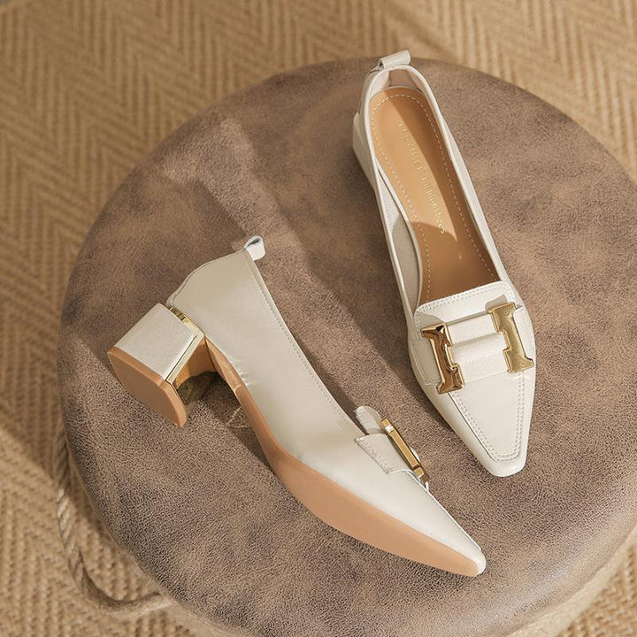 Rhonda | Block Heel Loafers with Pointed Toe and Gold Buckle