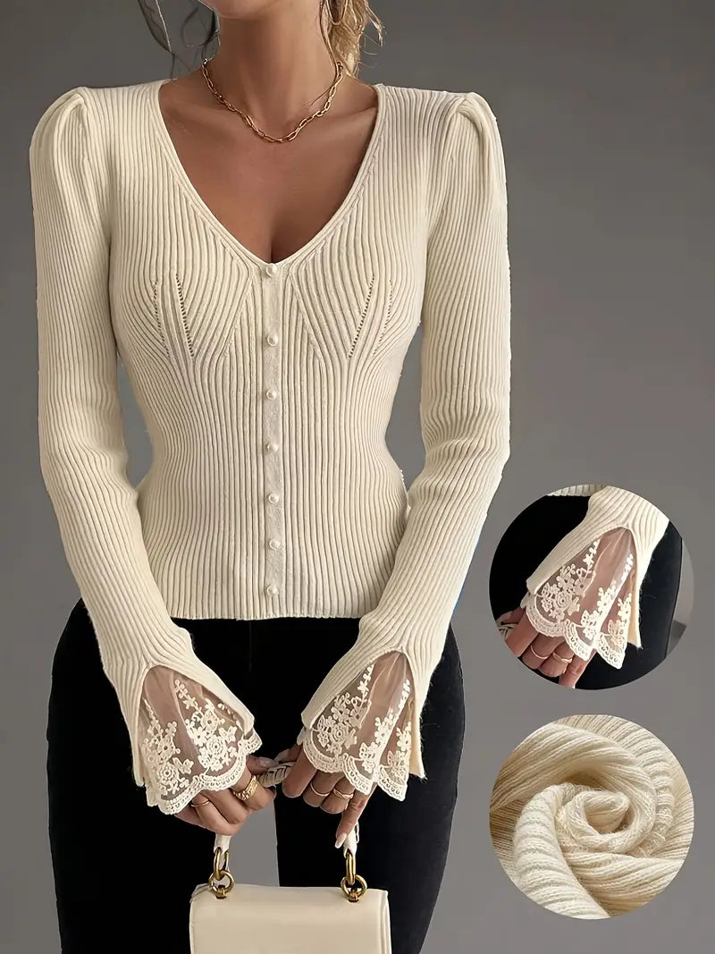 Mia | Ribbed V-Neck Sweater with Lace Sleeves