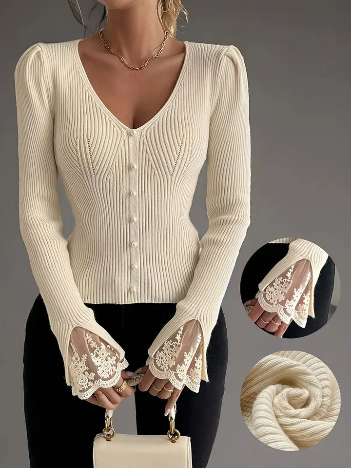 Mia | Ribbed V-Neck Sweater with Lace Sleeves