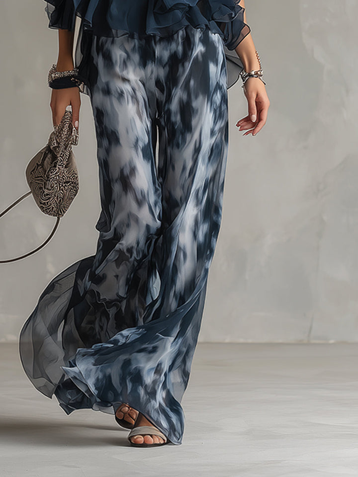 Marie | Elegant Chiffon Set with High-neck Top and Wide-leg Printed Trousers