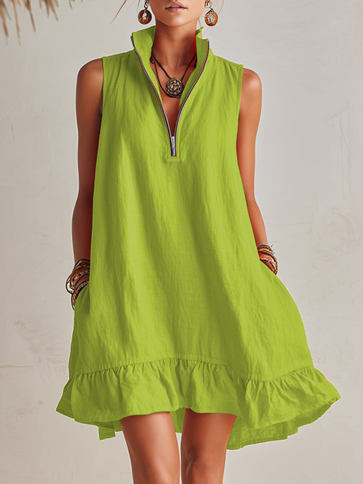 Andrea | Vibrant Half-Zip Stand Collar Ruffled Hem Mini Dress
