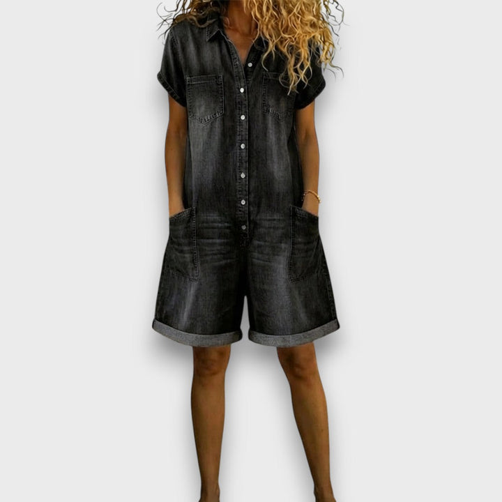 Sally | Vintage Short Cotton Denim-Look Jumpsuit